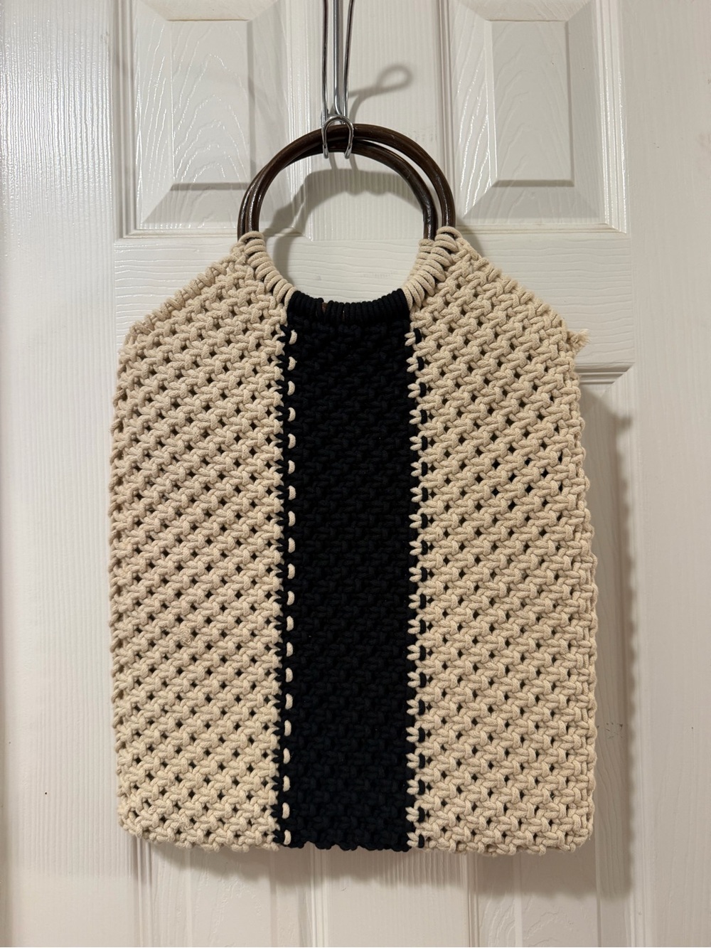 Francesca's Collections Cream and Black Woven Tote with Wooden Handles